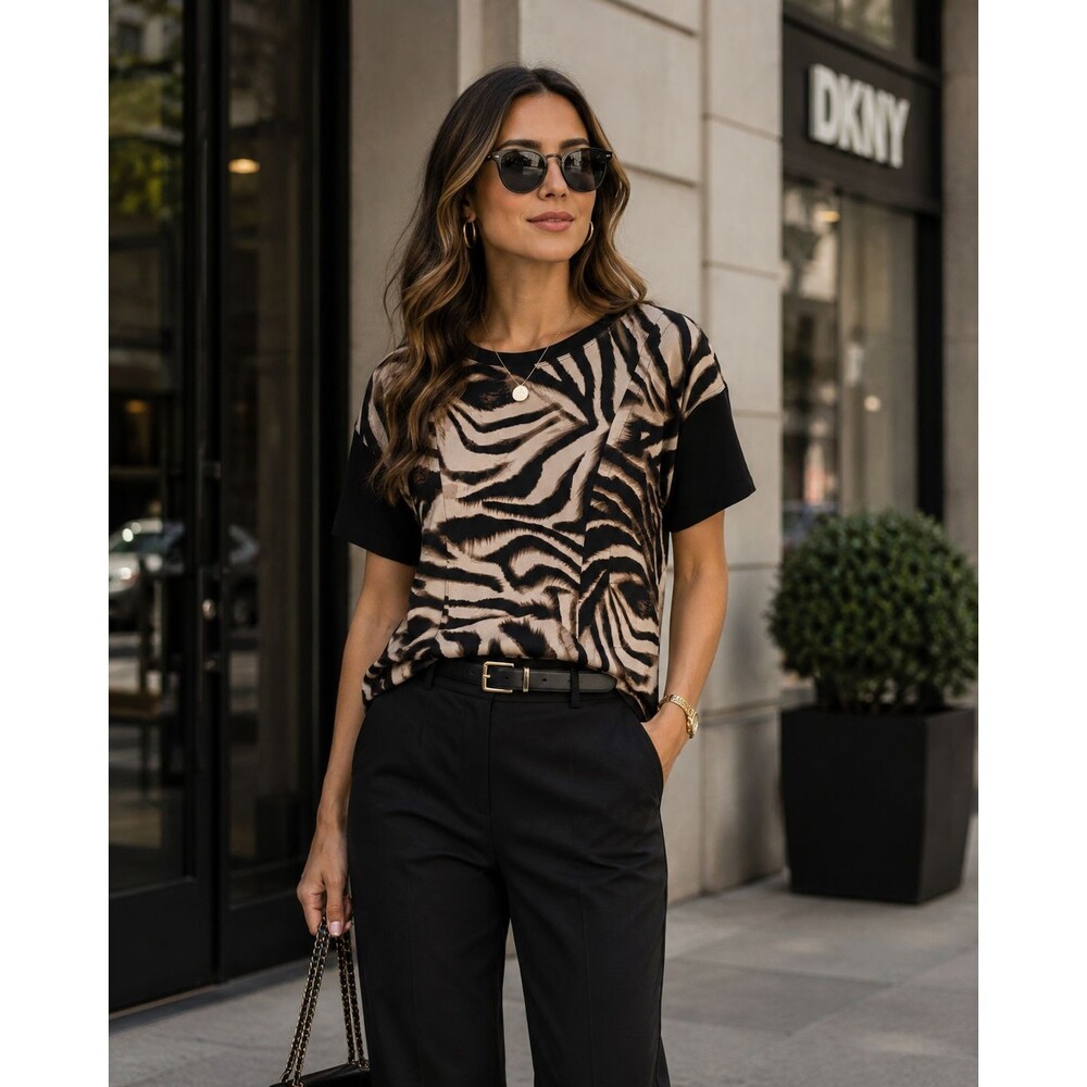 DKNY Womens New T-Shirt Top Animal Print Zebra Black Beige SMALL Short Sleeve